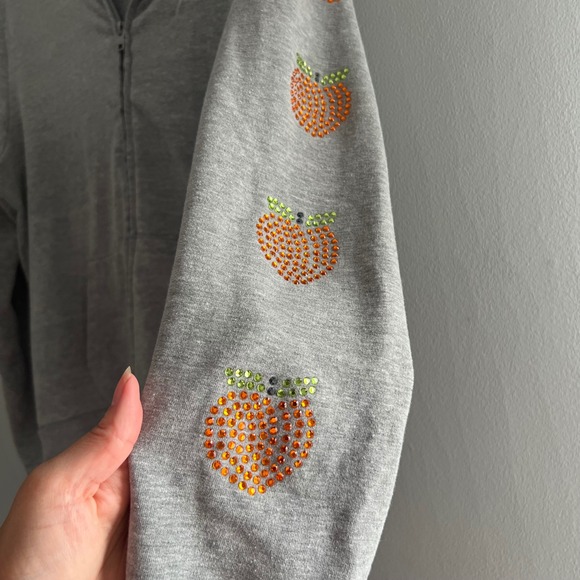 PINK Victoria's Secret Grey Zip Up Hoodie Rhinestone Peach‎ Sleeve Detail Size L - Picture 3 of 7